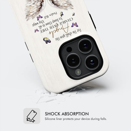 Faith-based phone case displaying Psalm 91:11, ideal for protection and spiritual inspiration.