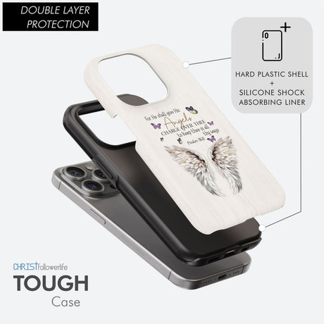 Inspirational phone case featuring Psalm 91:11 Bible verse, perfect for daily reminders of divine protection.