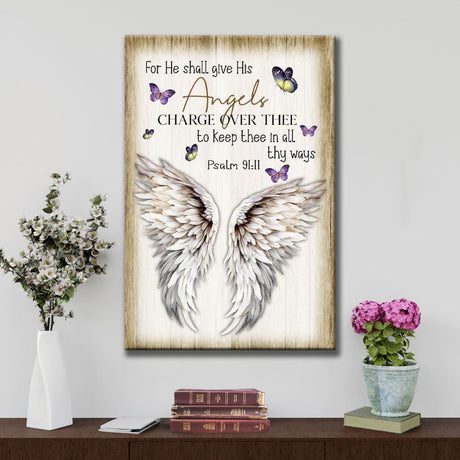 Christian wall art featuring Psalm 91:11 KJV, "For He Shall Give His Angels Charge Over Thee," with wings and butterflies.