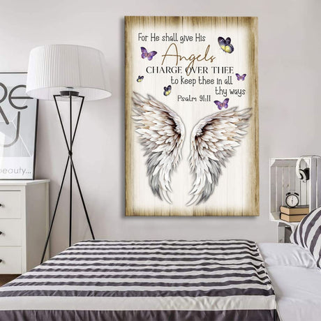 Scripture wall art canvas with Psalm 91:11 KJV, angel wings and butterflies, inspirational Christian wall decor.