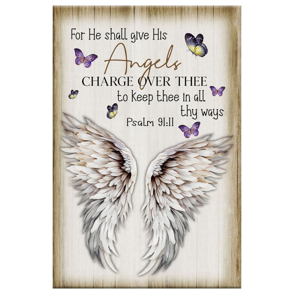 Psalm 91:11 KJV wall art with angel wings and butterflies, perfect Christian gift for faith-filled decor.