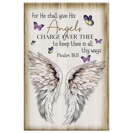 Psalm 91:11 KJV wall art with angel wings and butterflies, perfect Christian gift for faith-filled decor.