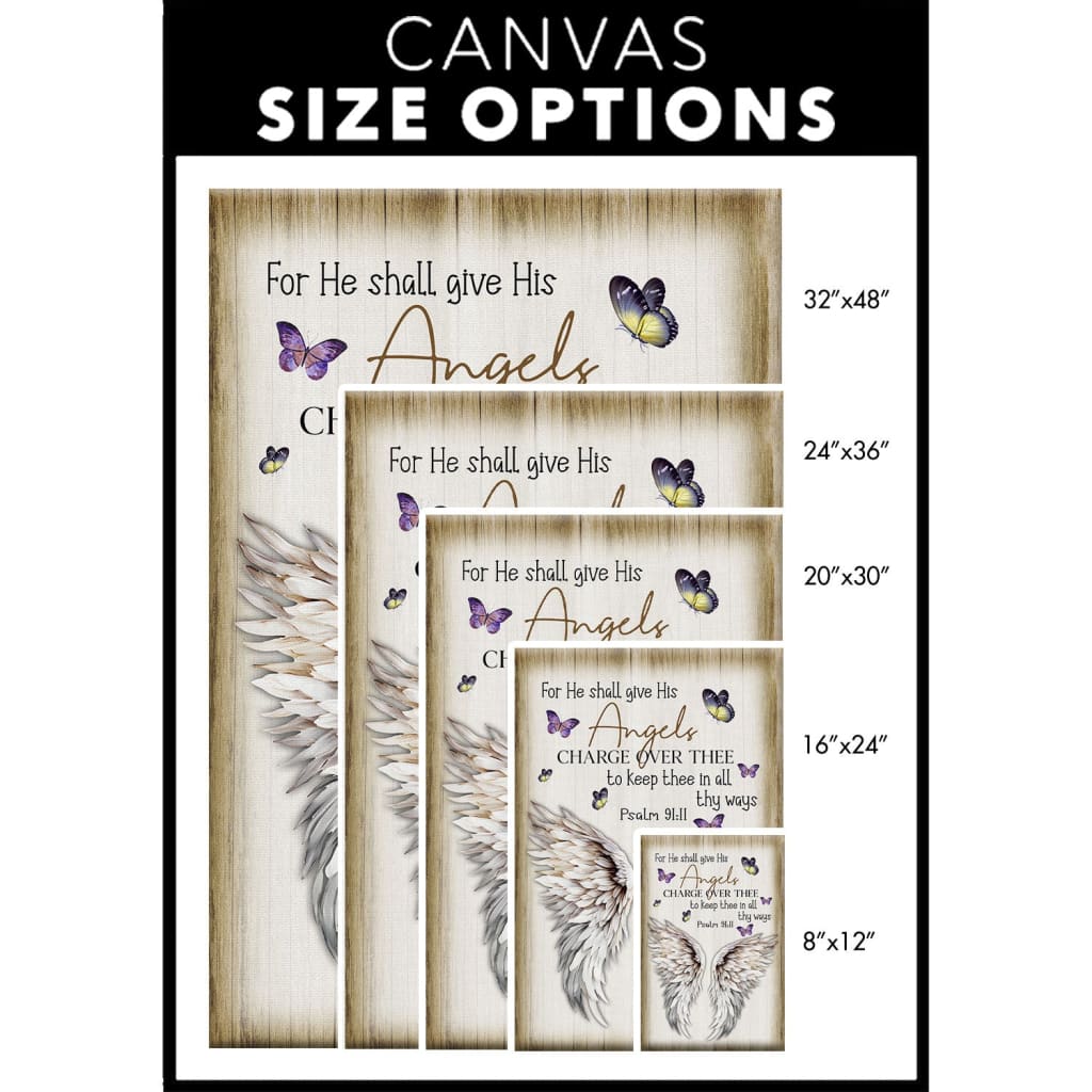 Christian decor with Psalm 91:11 KJV, angel wings, and butterflies, inspiring faith-based wall art canvas size options.