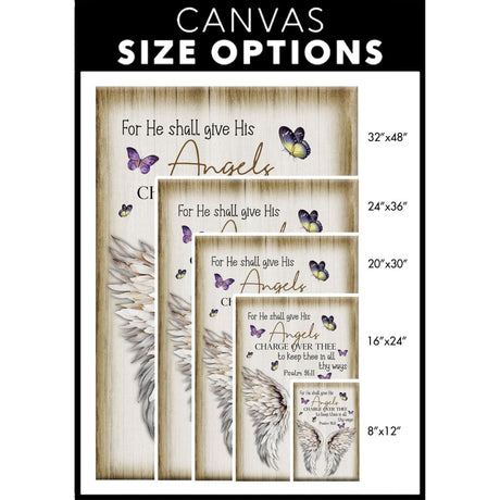 Christian decor with Psalm 91:11 KJV, angel wings, and butterflies, inspiring faith-based wall art canvas size options.