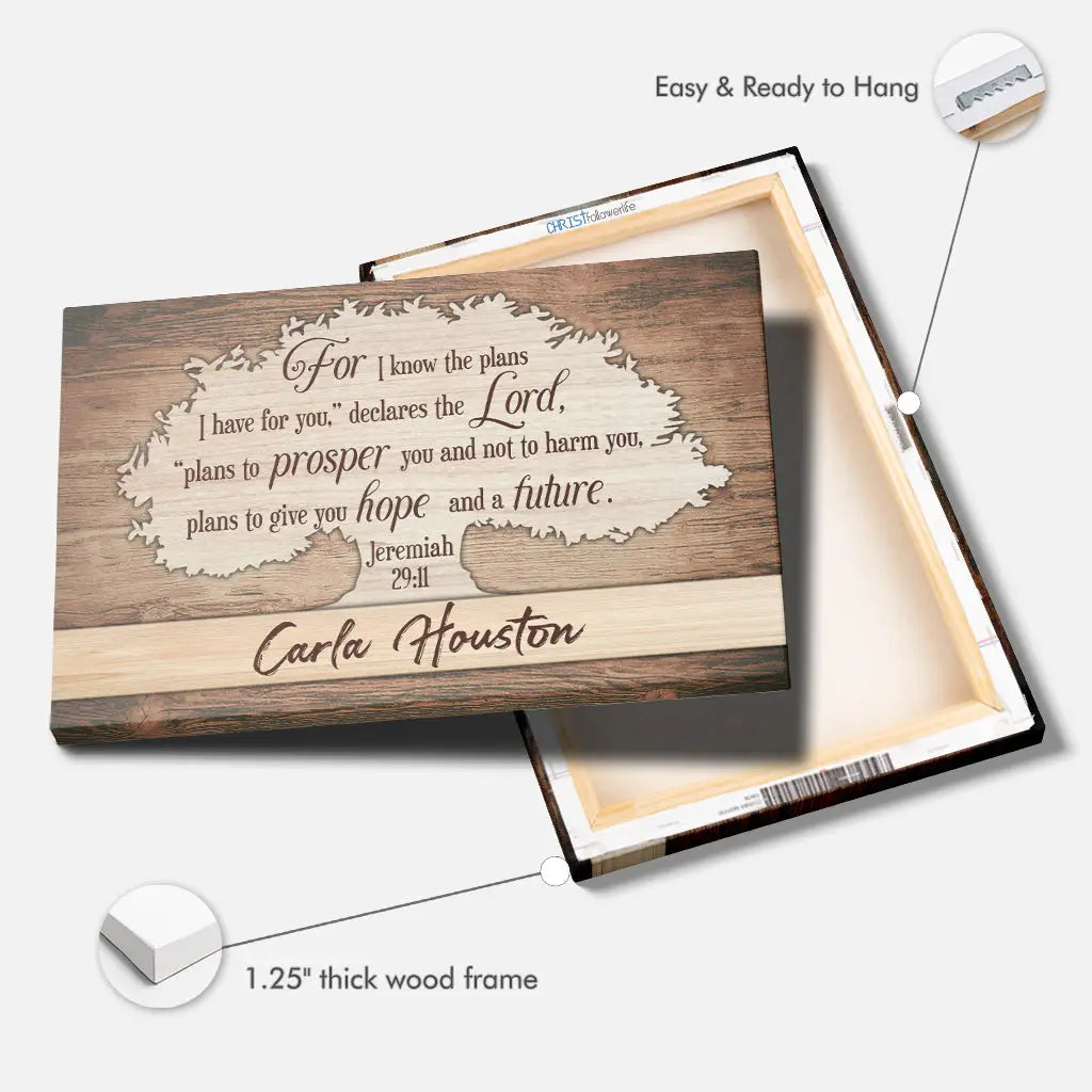 Inspirational canvas featuring Jeremiah 29:11 Bible verse and custom name, perfect for religious home décor.
