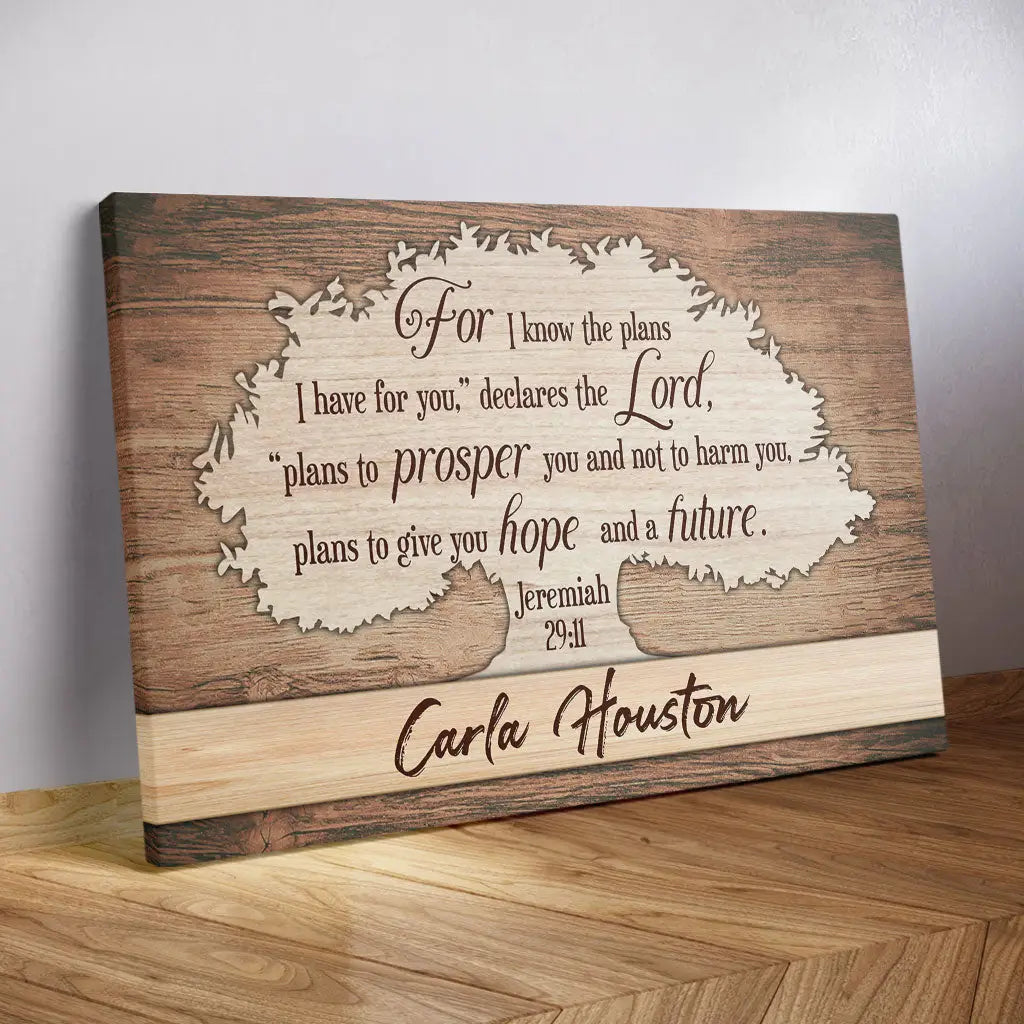 Christian wall art canvas with Jeremiah 29:11 &quot;For I Know The Plans I Have For You&quot; and personalized name, ideal for faith-based gifts.