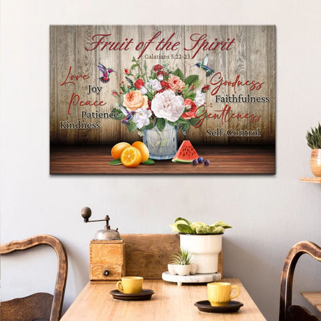 Christian wall art featuring Galatians 5:22-23, "Fruit of the Spirit," with a vase brimming with fruits, perfect faith-based home decor.