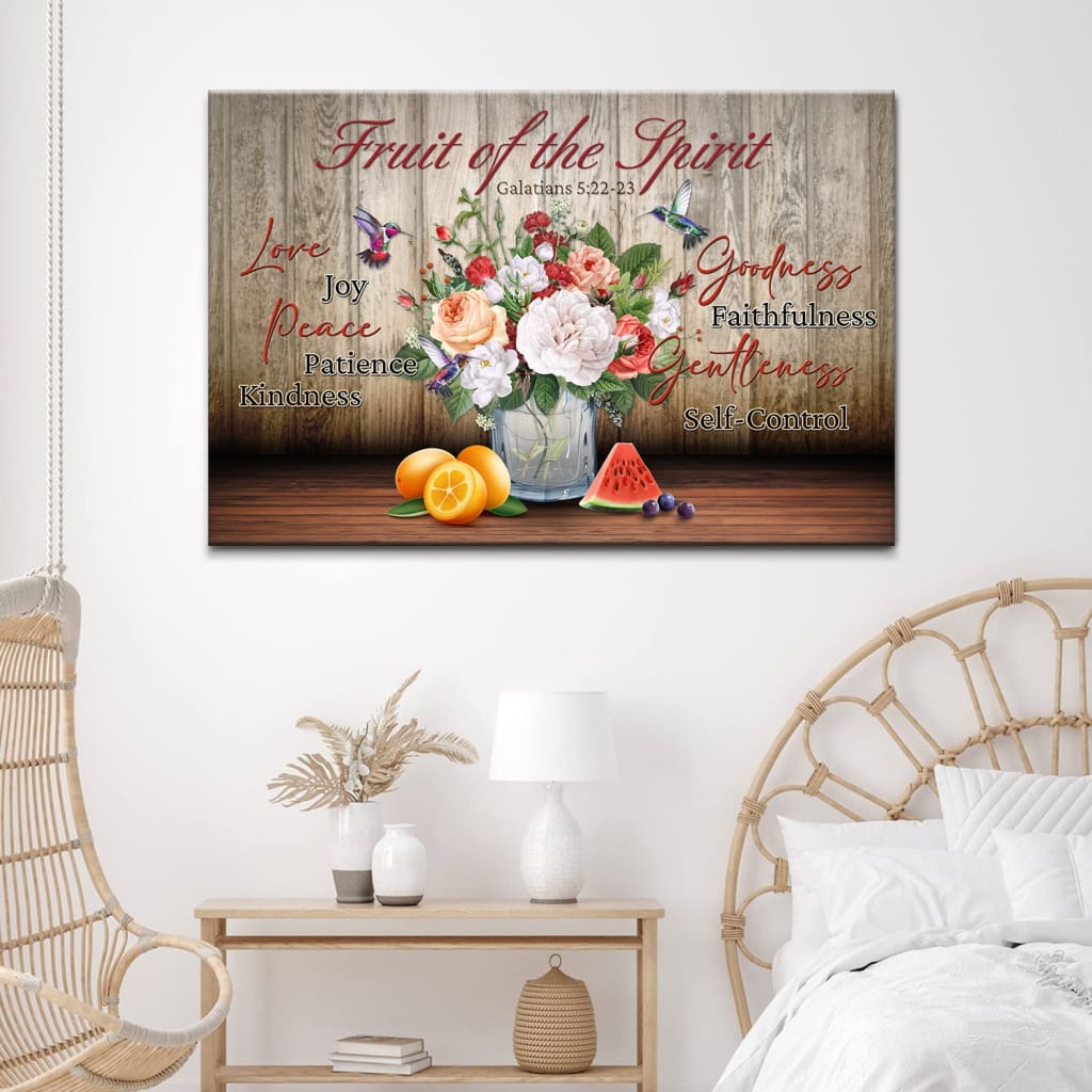 Faith-based Bible verse wall art with "Fruit of the Spirit" and vase of fruits design, great religious decor for Christian homes.