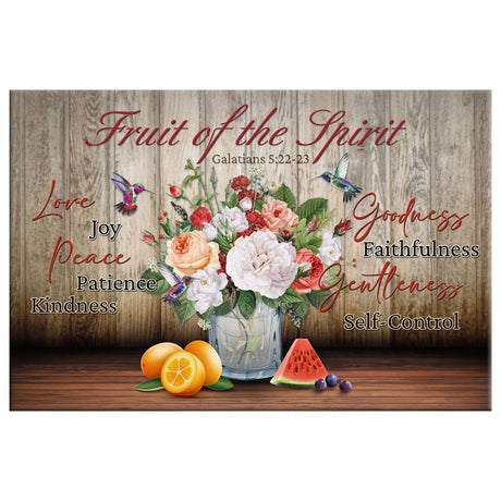 Religious wall art canvas featuring Galatians 5:22-23, "Fruit of the Spirit," and a vase of fruits, perfect for faith-filled home decor.