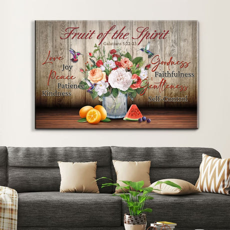 Inspirational wall art canvas showcasing Galatians 5:22-23, "Fruit of the Spirit," for faith-based decor.