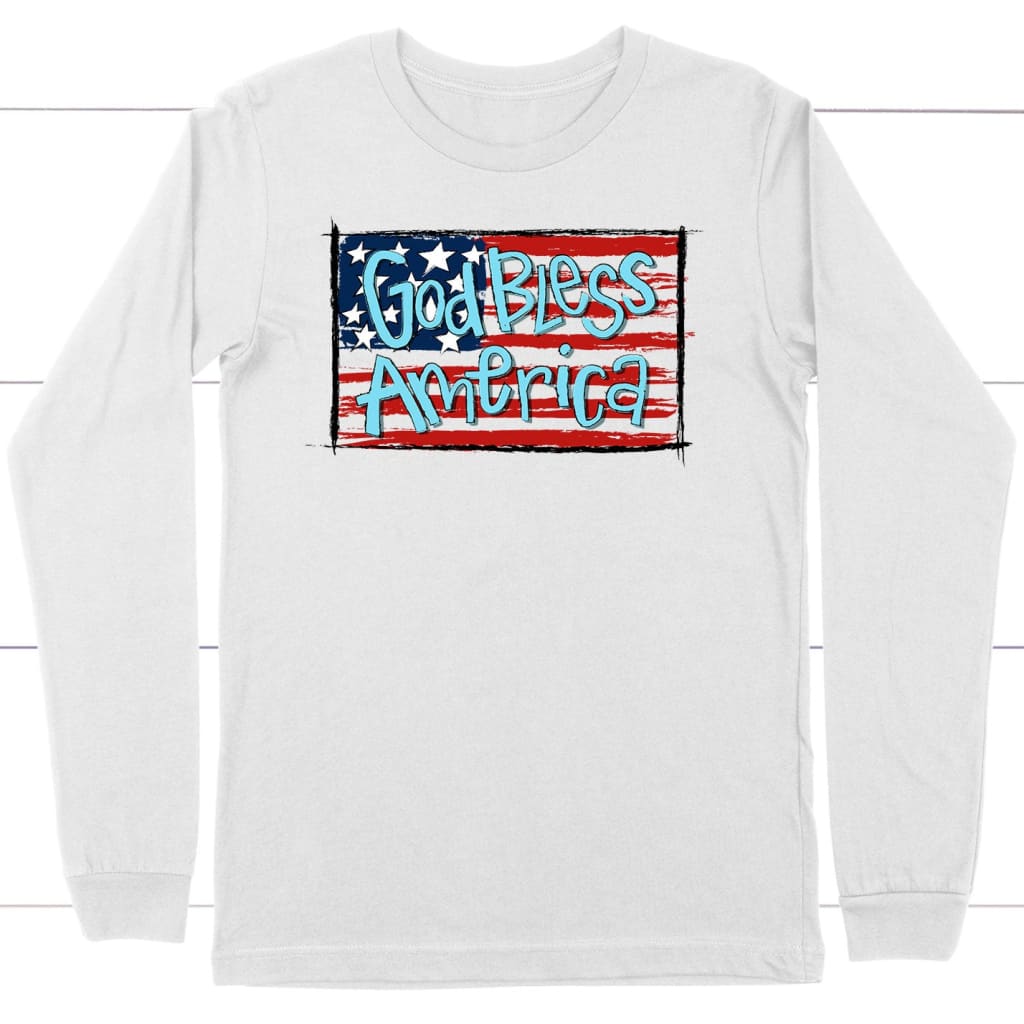 God Bless America Flag Long Sleeve Shirt White / S