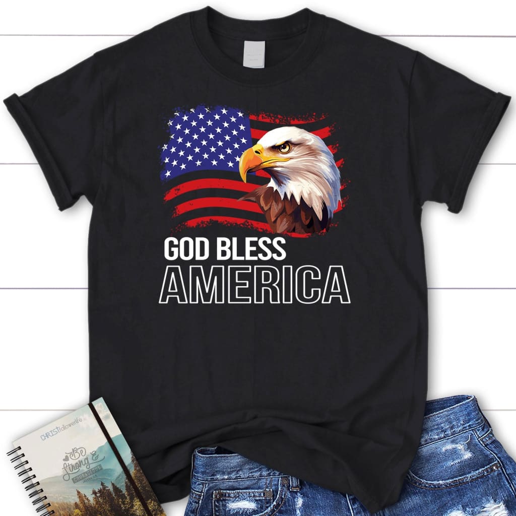God Bless American Bald Eagle Flag Women’s T-shirt Black / S
