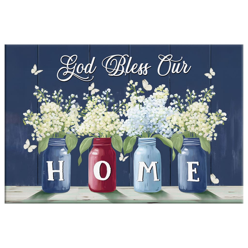 God Bless Our Home Butterflies and Flowers in Vases Wall Art Canvas