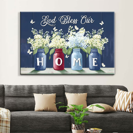 God Bless Our Home Butterflies and Flowers in Vases Wall Art Canvas