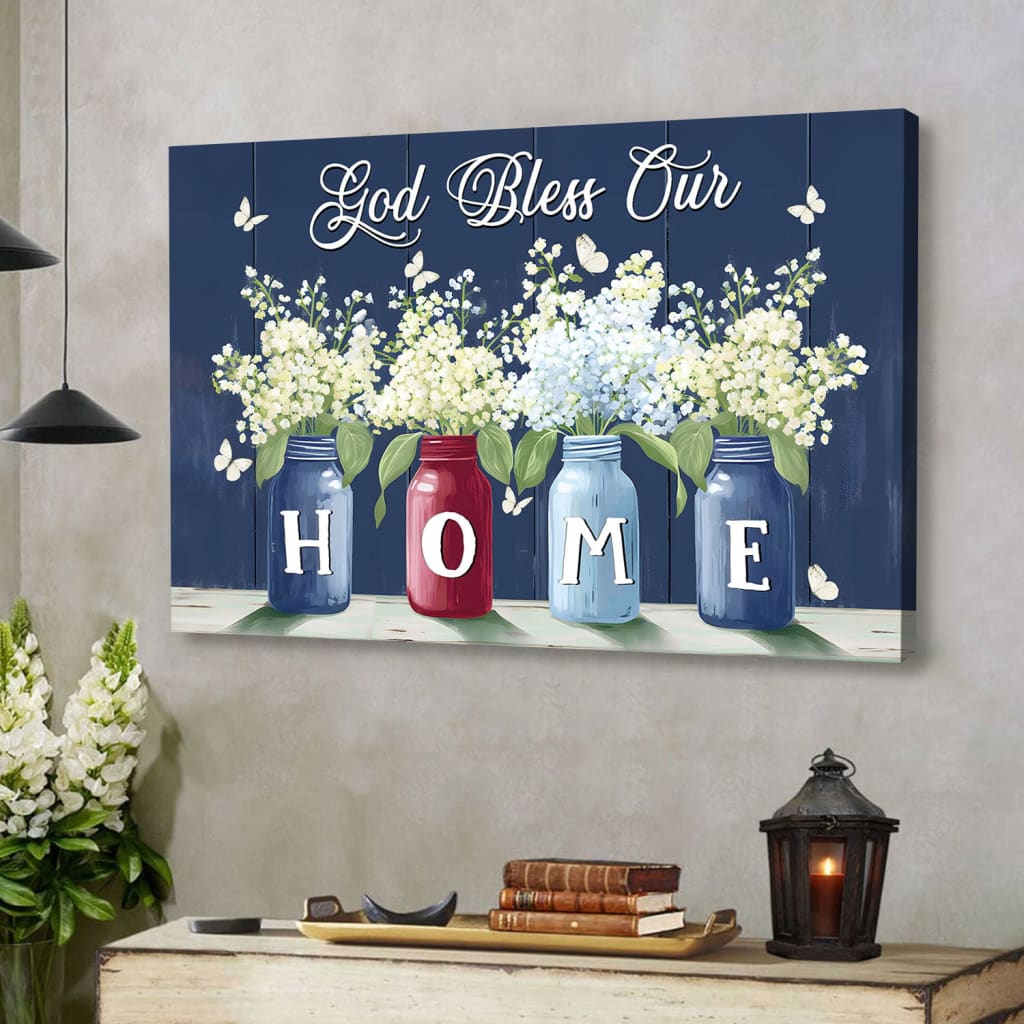 God Bless Our Home Butterflies and Flowers in Vases Wall Art Canvas
