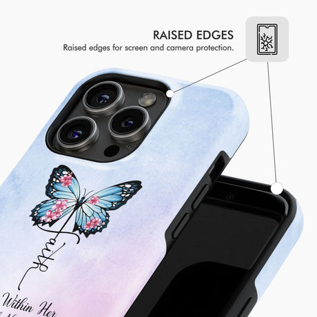 Phone case design highlighting "God is Within Her She Will Not Fall," decorated with a faith cross and butterfly.