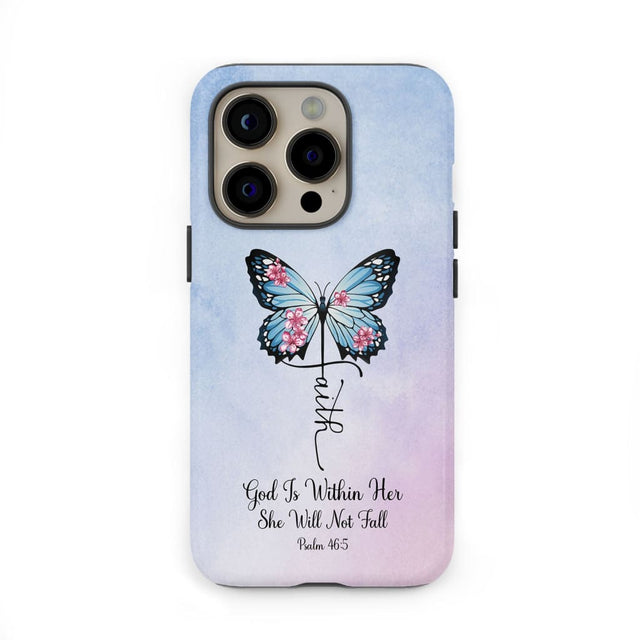 God is Within Her She Will Not Fall Faith Cross Butterfly Christian Phone Case