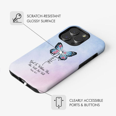 Inspirational phone case with "God is Within Her She Will Not Fall" text, faith cross, and butterfly motif.