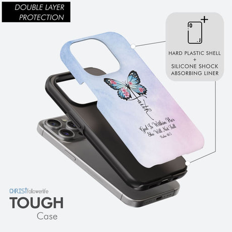 Christian phone case featuring "God is Within Her She Will Not Fall" with a faith cross and butterfly design.