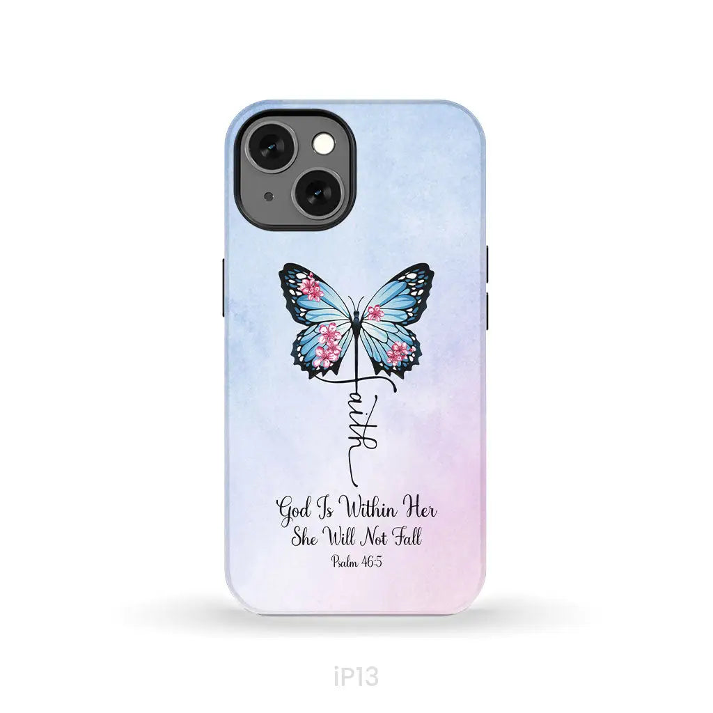 God is Within Her She Will Not Fall Faith Cross Butterfly Christian Phone Case iPhone 13 / Tough Case