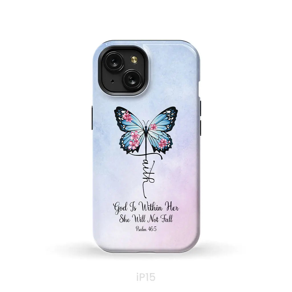 God is Within Her She Will Not Fall Faith Cross Butterfly Christian Phone Case iPhone 15 / Tough Case