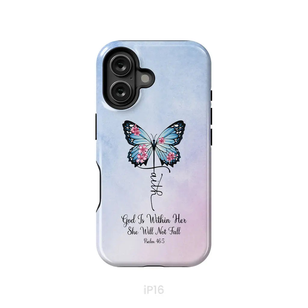 God is Within Her She Will Not Fall Faith Cross Butterfly Christian Phone Case iPhone 16 / Tough Case