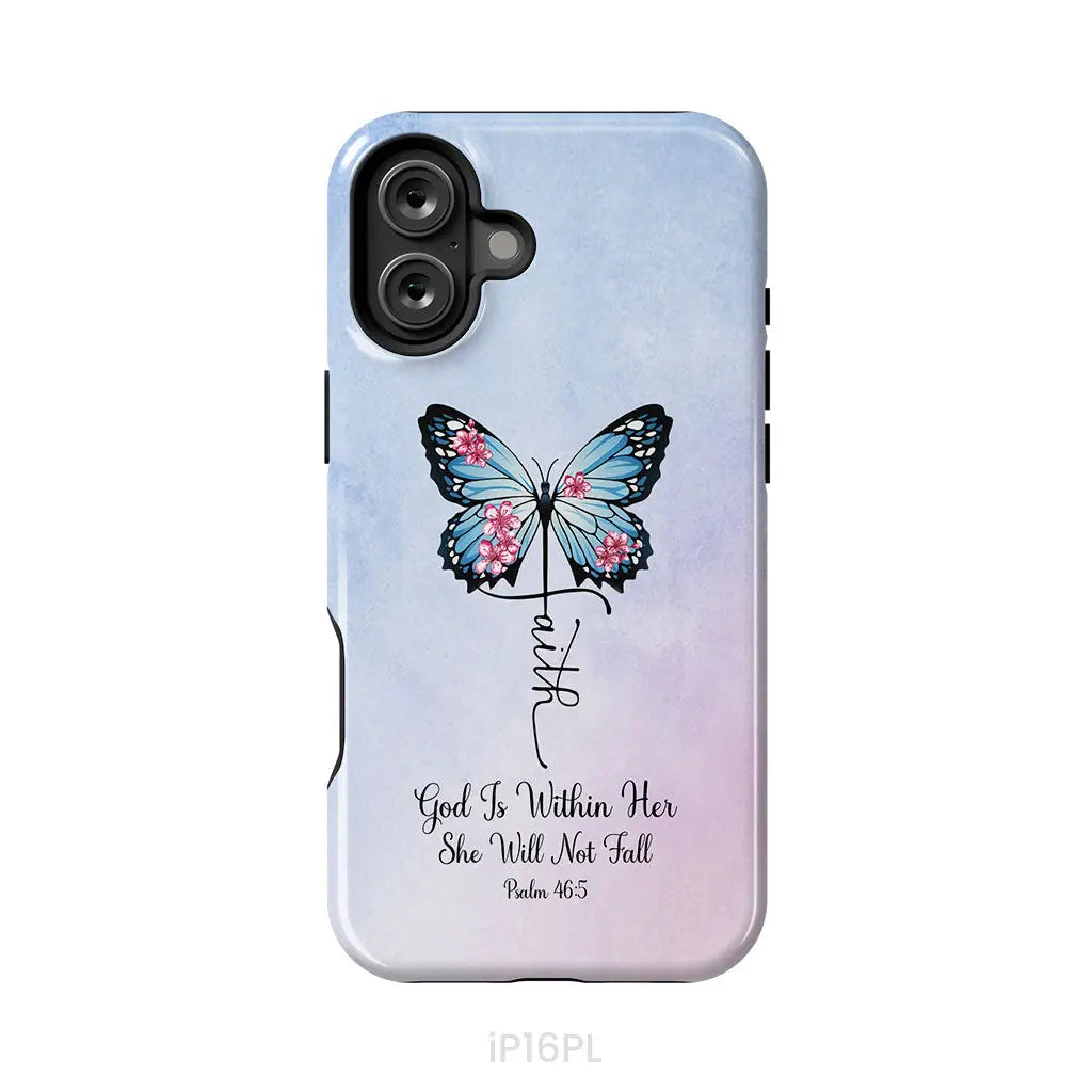 God is Within Her She Will Not Fall Faith Cross Butterfly Christian Phone Case iPhone 16 Plus / Tough Case