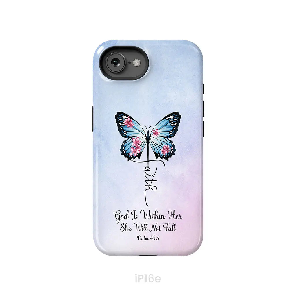 God is Within Her She Will Not Fall Faith Cross Butterfly Christian Phone Case iPhone 16e / Tough Case