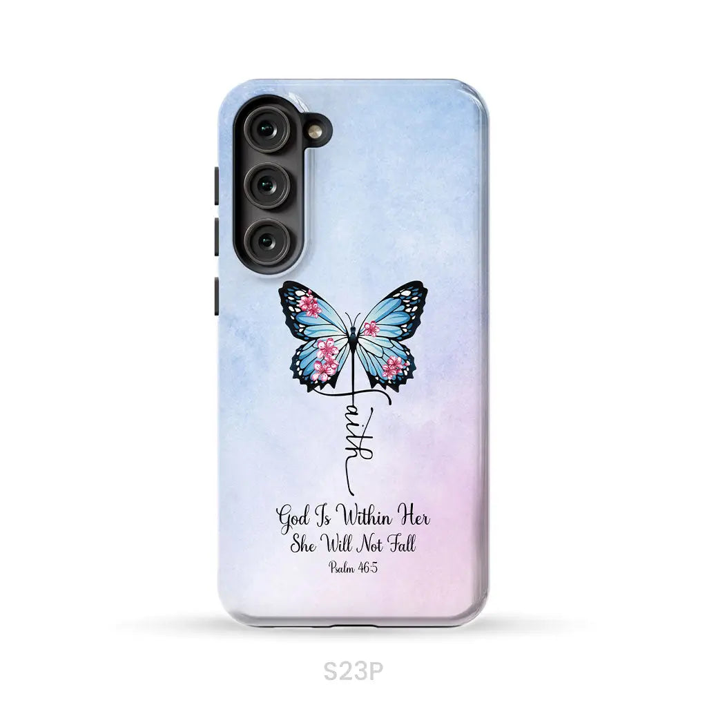 God is Within Her She Will Not Fall Faith Cross Butterfly Christian Phone Case Samsung Galaxy S23 Plus / Tough Case