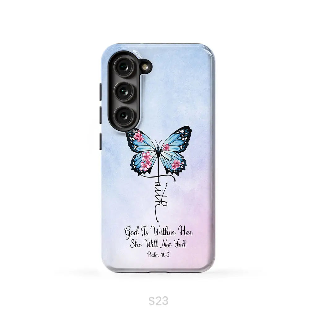 God is Within Her She Will Not Fall Faith Cross Butterfly Christian Phone Case Samsung Galaxy S23 (Not for S23 FE)