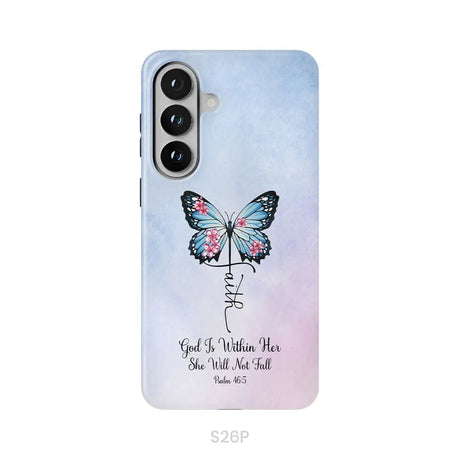 God is Within Her She Will Not Fall Faith Cross Butterfly Christian Phone Case Samsung Galaxy S26 Plus / Tough Case