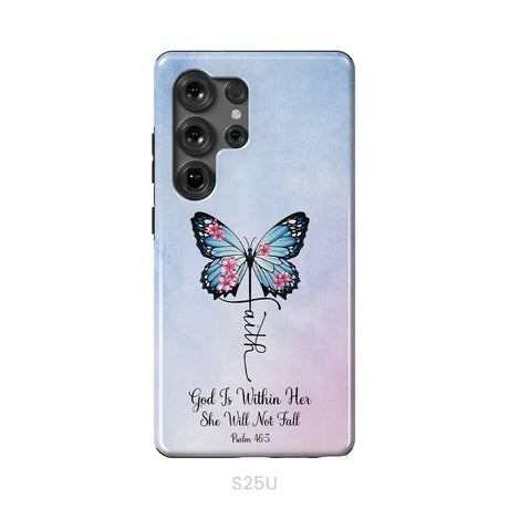 God is Within Her She Will Not Fall Faith Cross Butterfly Christian Phone Case Samsung Galaxy S25 Ultra / Tough Case