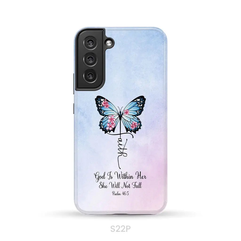 God is Within Her She Will Not Fall Faith Cross Butterfly Christian Phone Case Samsung Galaxy S22 Plus / Tough Case