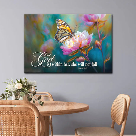 God is Within Her She Will Not Fall Monarch Butterfly and Peony - Christian Wall Art Canvas