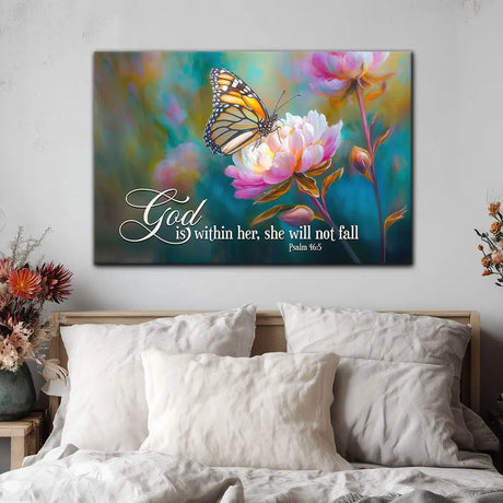God is Within Her She Will Not Fall Monarch Butterfly and Peony - Christian Wall Art Canvas