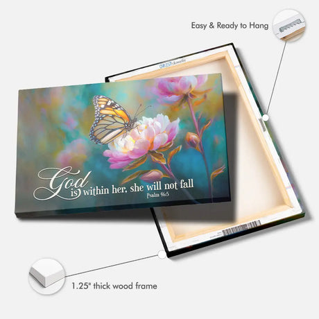 God is Within Her She Will Not Fall Monarch Butterfly and Peony - Christian Wall Art Canvas