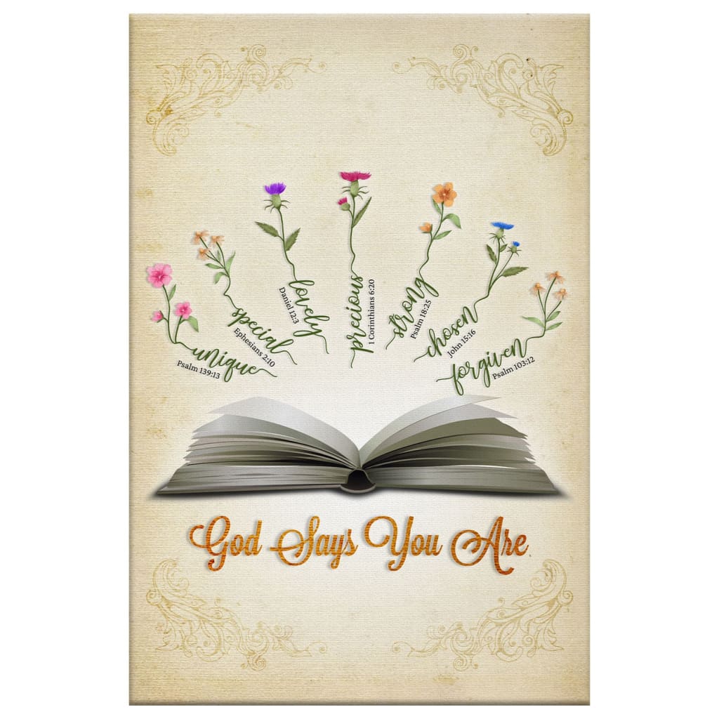 Faith-based wall art with affirmations like Unique (Psalm 139:13) and Forgiven (Psalm 103:12), perfect for uplifting Christian homes.