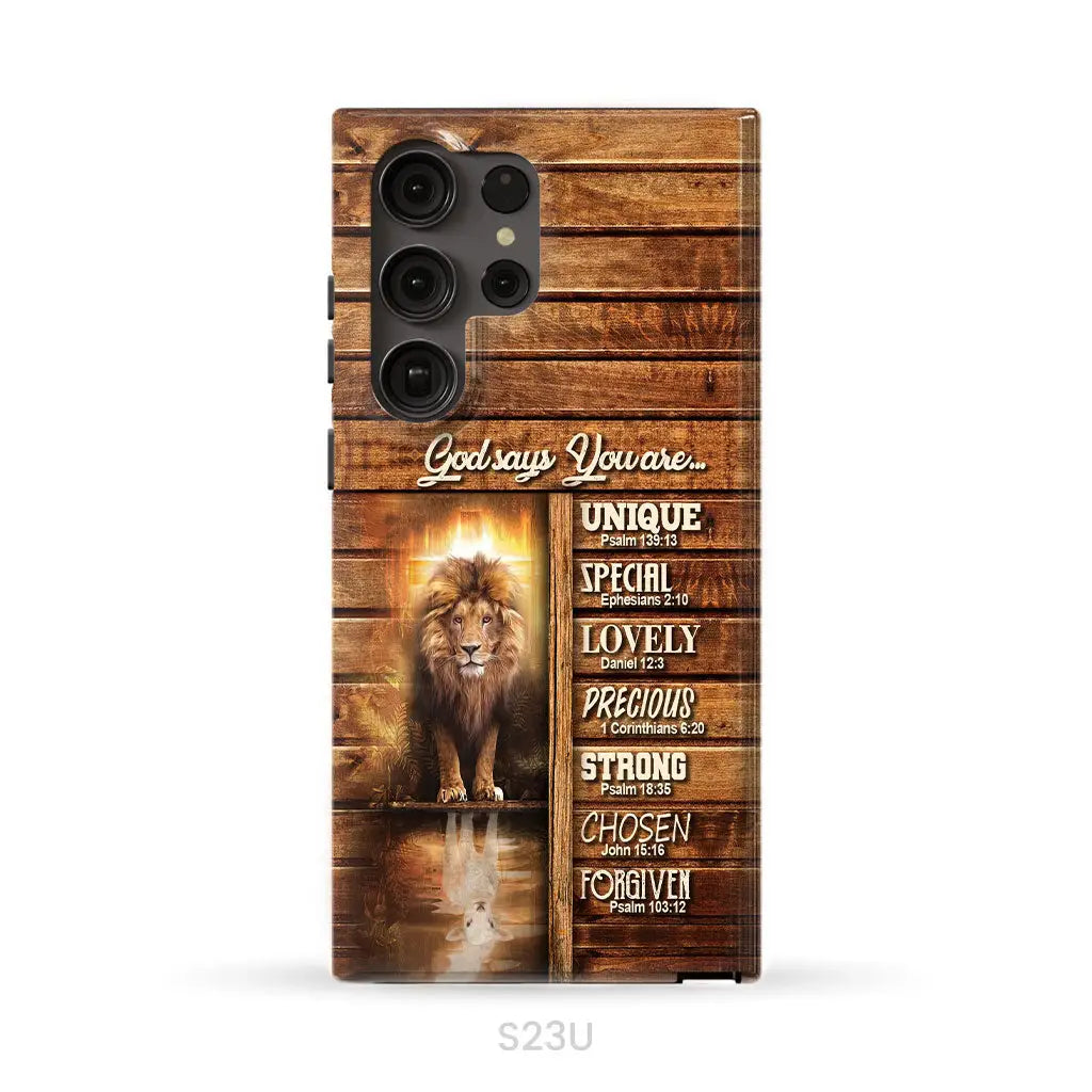 God says you are Lion and Lamb phone case - Christian phone cases Samsung Galaxy S23 Ultra / Tough Case