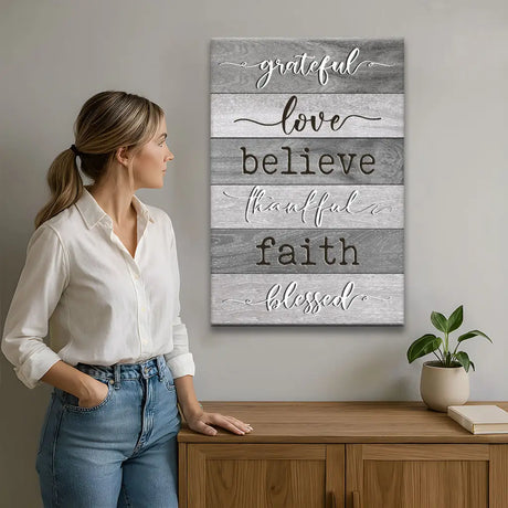 Faith-based canvas with Grateful, Love, Believe, Blessed, and Thankful, Christian gift for comfort and strength.