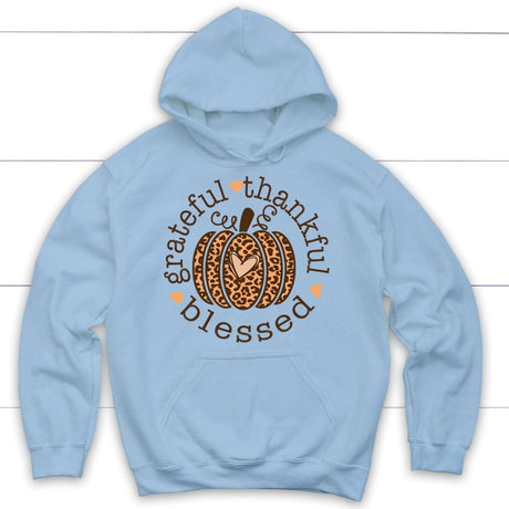 Grateful Thankful Blessed Leopard Pumpkin Hoodie Light Blue / S