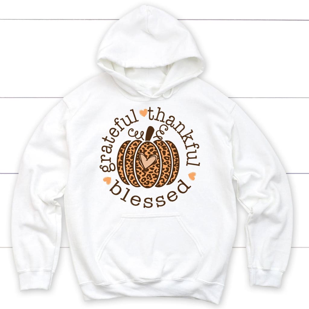 Grateful Thankful Blessed Leopard Pumpkin Hoodie White / S