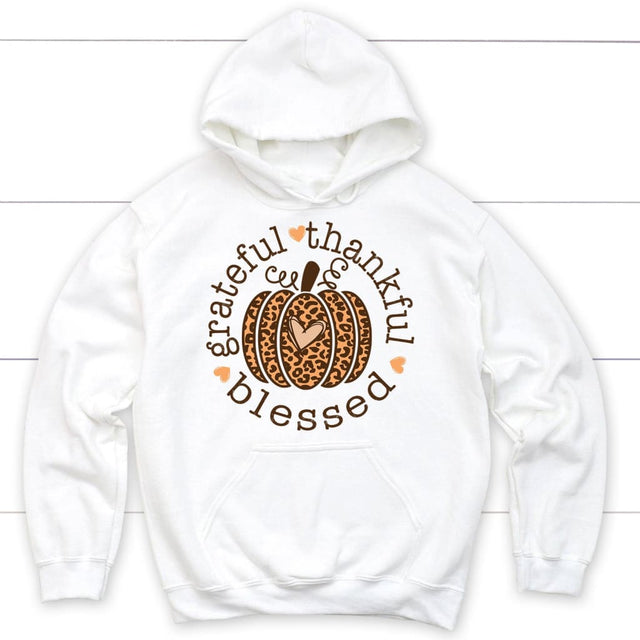 Grateful Thankful Blessed Leopard Pumpkin Hoodie White / S