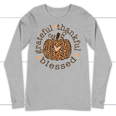 Grateful Thankful Blessed Leopard Pumpkin Long Sleeve Shirt Athletic Heather / S