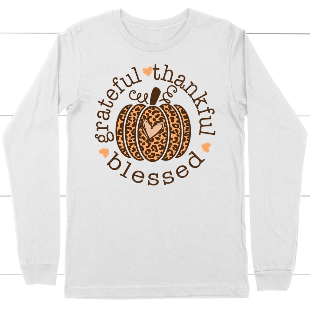 Grateful Thankful Blessed Leopard Pumpkin Long Sleeve Shirt White / S