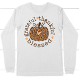 Grateful Thankful Blessed Leopard Pumpkin Long Sleeve Shirt White / S