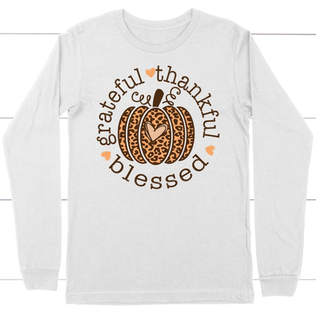 Grateful Thankful Blessed Leopard Pumpkin Long Sleeve Shirt White / S