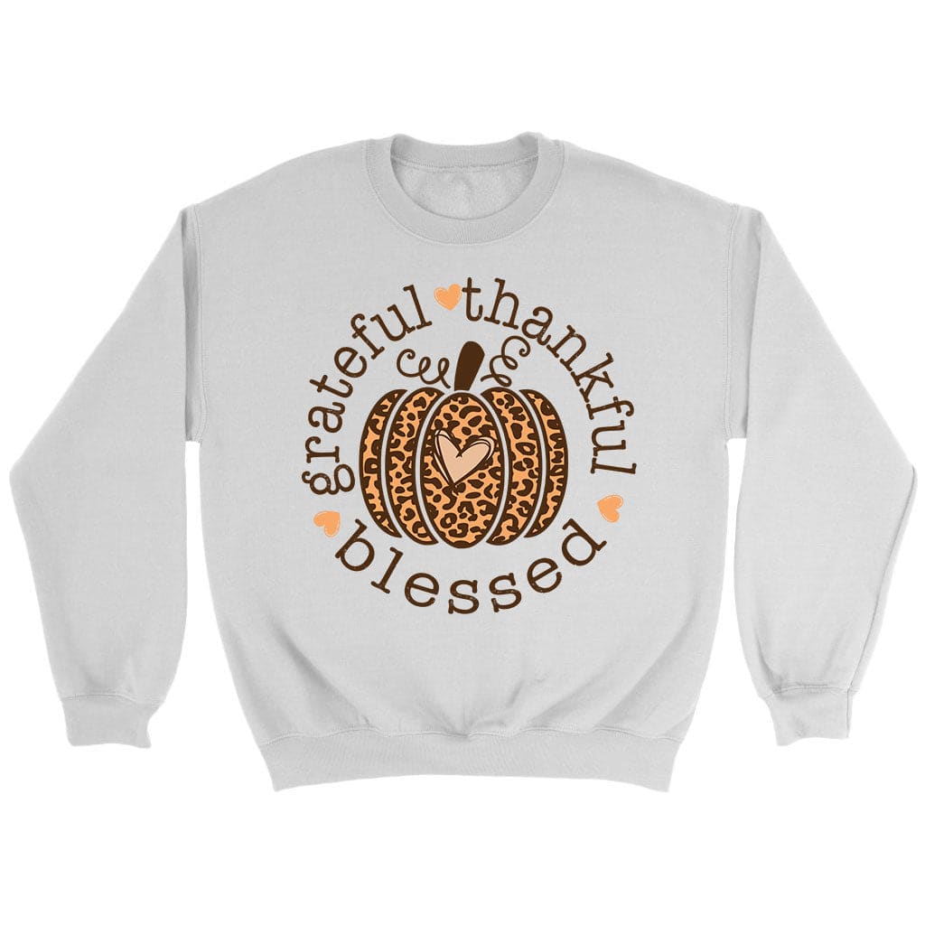 Grateful Thankful Blessed Leopard Pumpkin Sweatshirt White / S