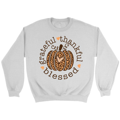 Grateful Thankful Blessed Leopard Pumpkin Sweatshirt White / S