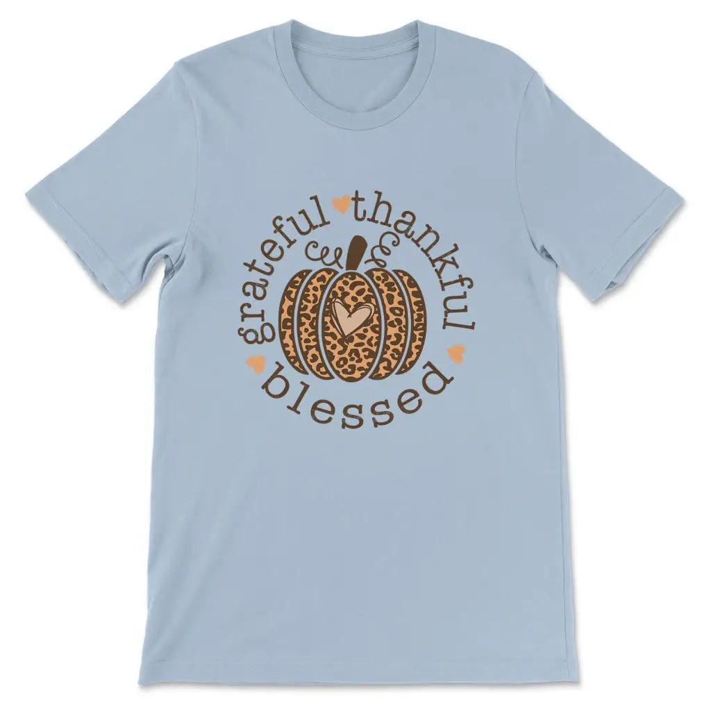 Grateful Thankful Blessed Leopard Pumpkin Women’s T-shirt Light Blue / S