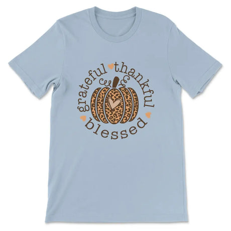 Grateful Thankful Blessed Leopard Pumpkin Women’s T-shirt Light Blue / S